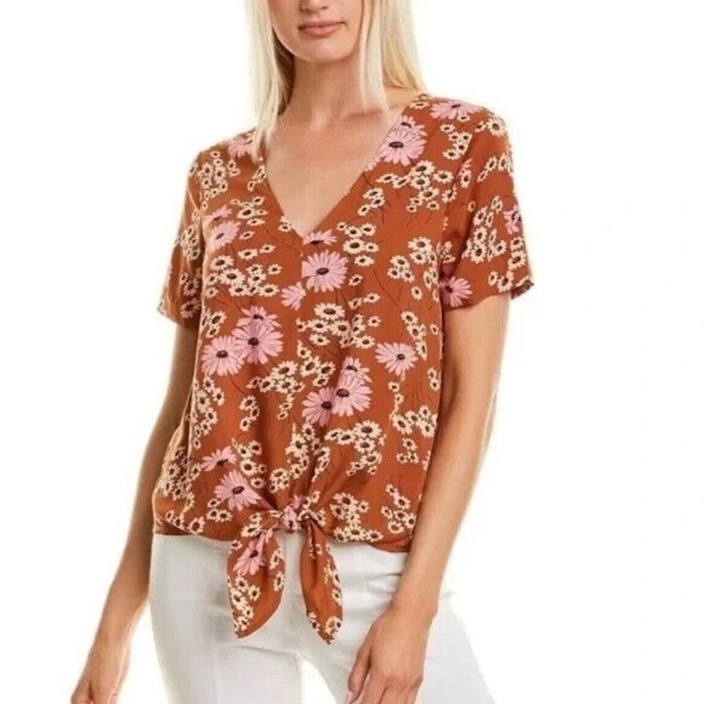 Madewell Novel Tie-Front V-neck Top in Hillside Daisies Burnt Clay Size XS